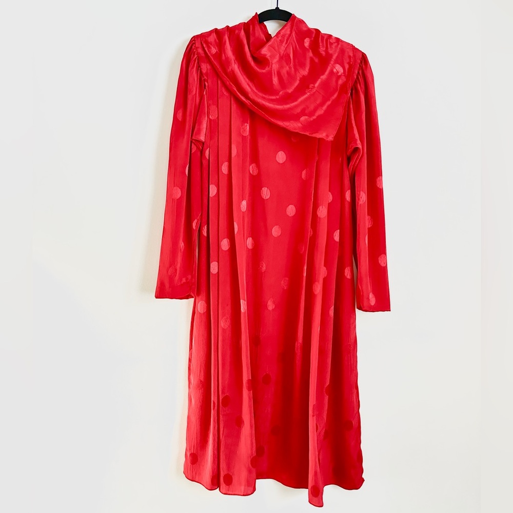 Vintage 80s red pleat shoulder midi dress with bandanna tie polkadot satin M/L